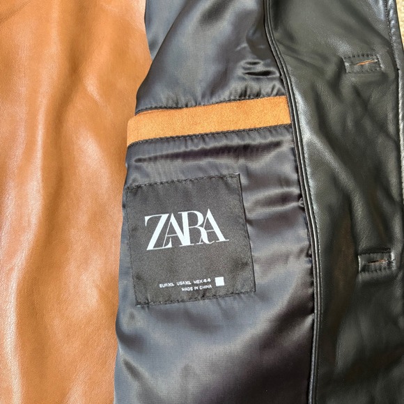 Zara Mens Jacket XL Brown Faux‎ Suede Black Trim Button Front Collared Coat - Picture 9 of 10